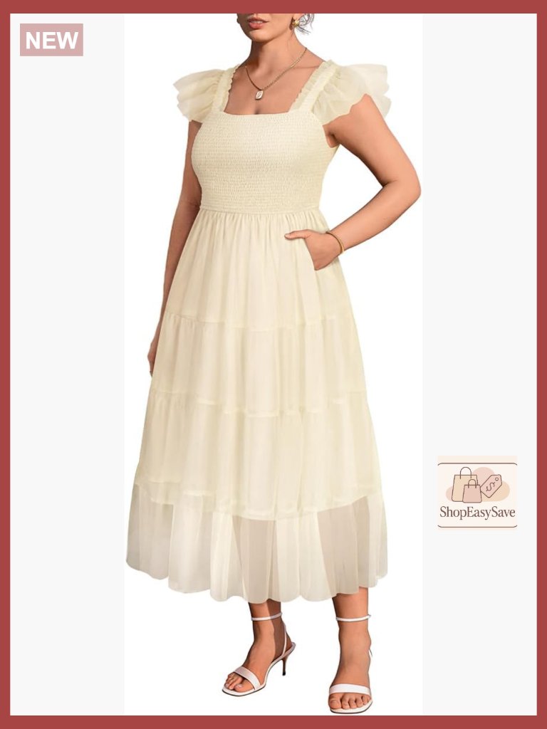 Plus Size Tulle Midi Dress Smocked Bust Ruffle Strap A-Line Party Sundress